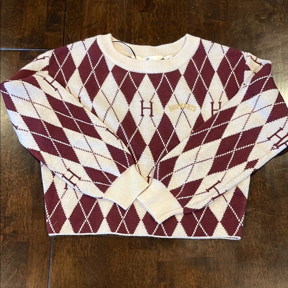 Harry Potter Burgundy and Cream Crew Neck Sweater with Argyle Pattern